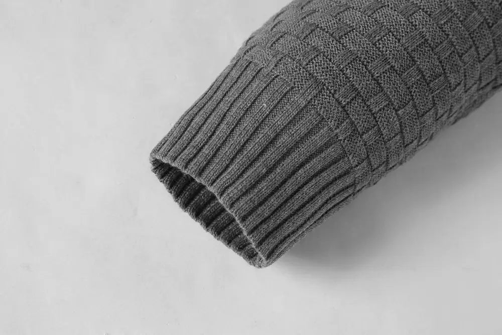 Gray knitted cuff with textured weave and ribbed edge on men’s premium textured fleece lined thermal hoodie