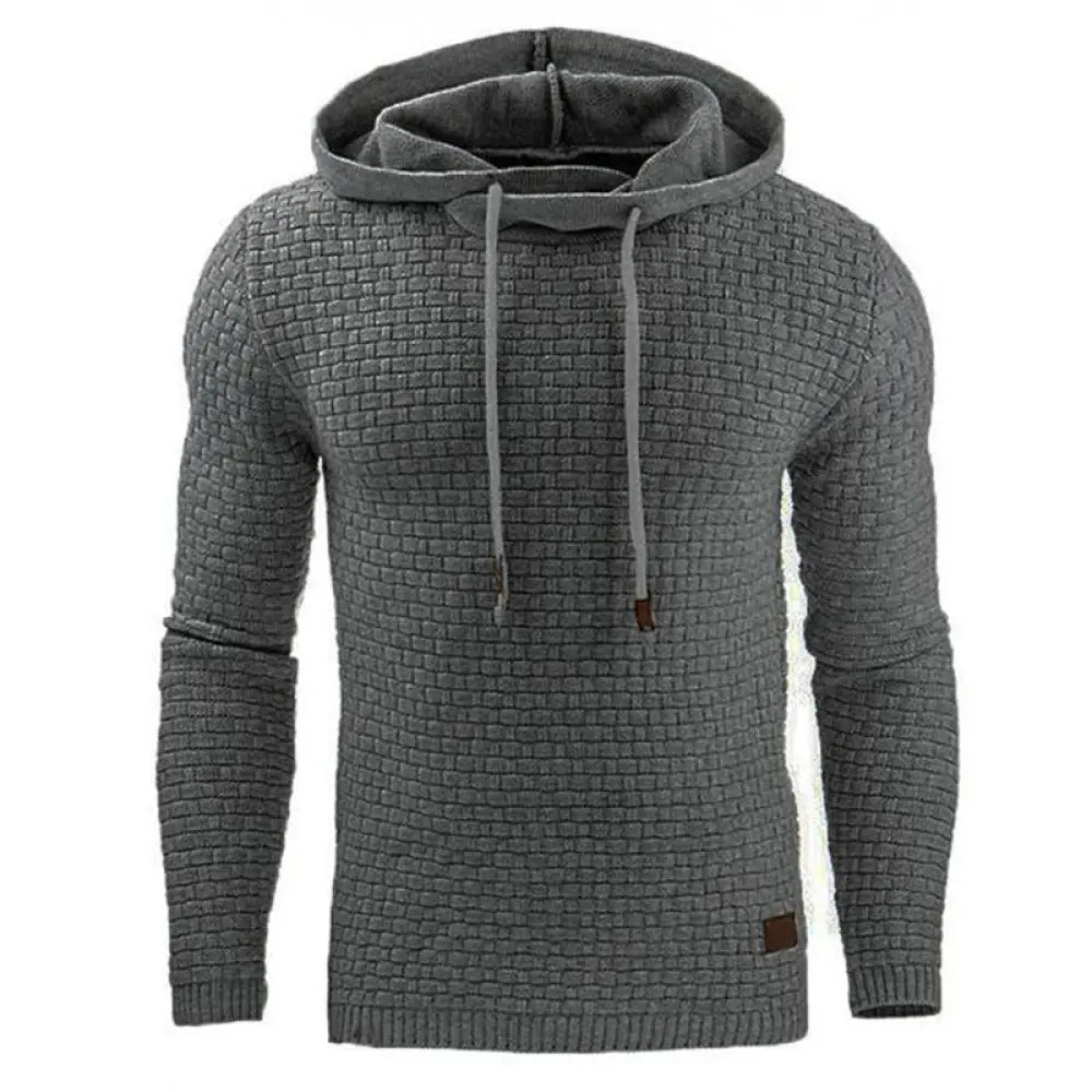 Men’s premium dark gray textured fleece lined thermal hoodie with matching drawstring and ribbed cuffs