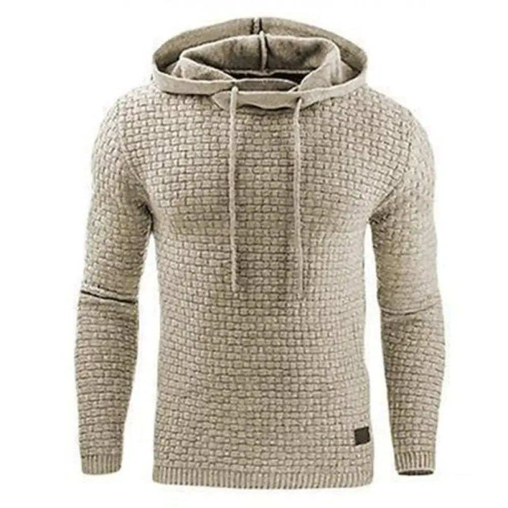 Beige textured knit men’s premium fleece lined thermal hoodie with matching drawstrings and ribbed cuffs