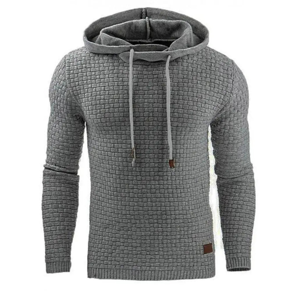 Men’s premium textured fleece lined thermal hoodie in gray knit with matching drawstring and ribbed cuffs visible from the back