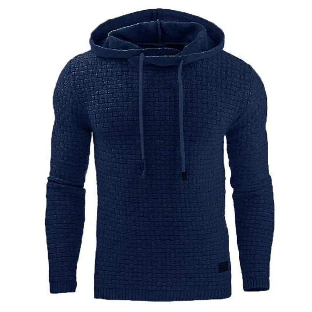 Men’s premium textured fleece lined thermal hoodie in navy blue knit fabric with drawstrings and plush interior lining