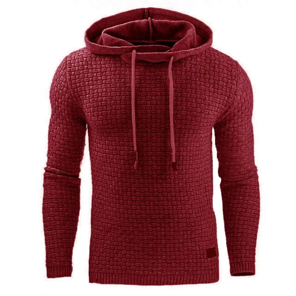Men’s premium maroon hooded sweatshirt with textured woven knit pattern and matching drawstrings in fleece lining