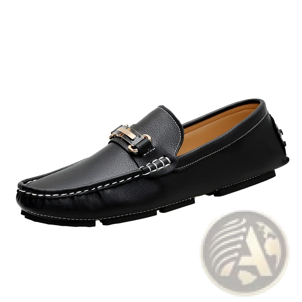 Men’s black leather horsebit loafers with metallic buckle white stitching and plush winter lining