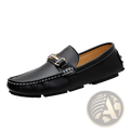 Men’s black leather horsebit loafers with metallic buckle white stitching and plush winter lining