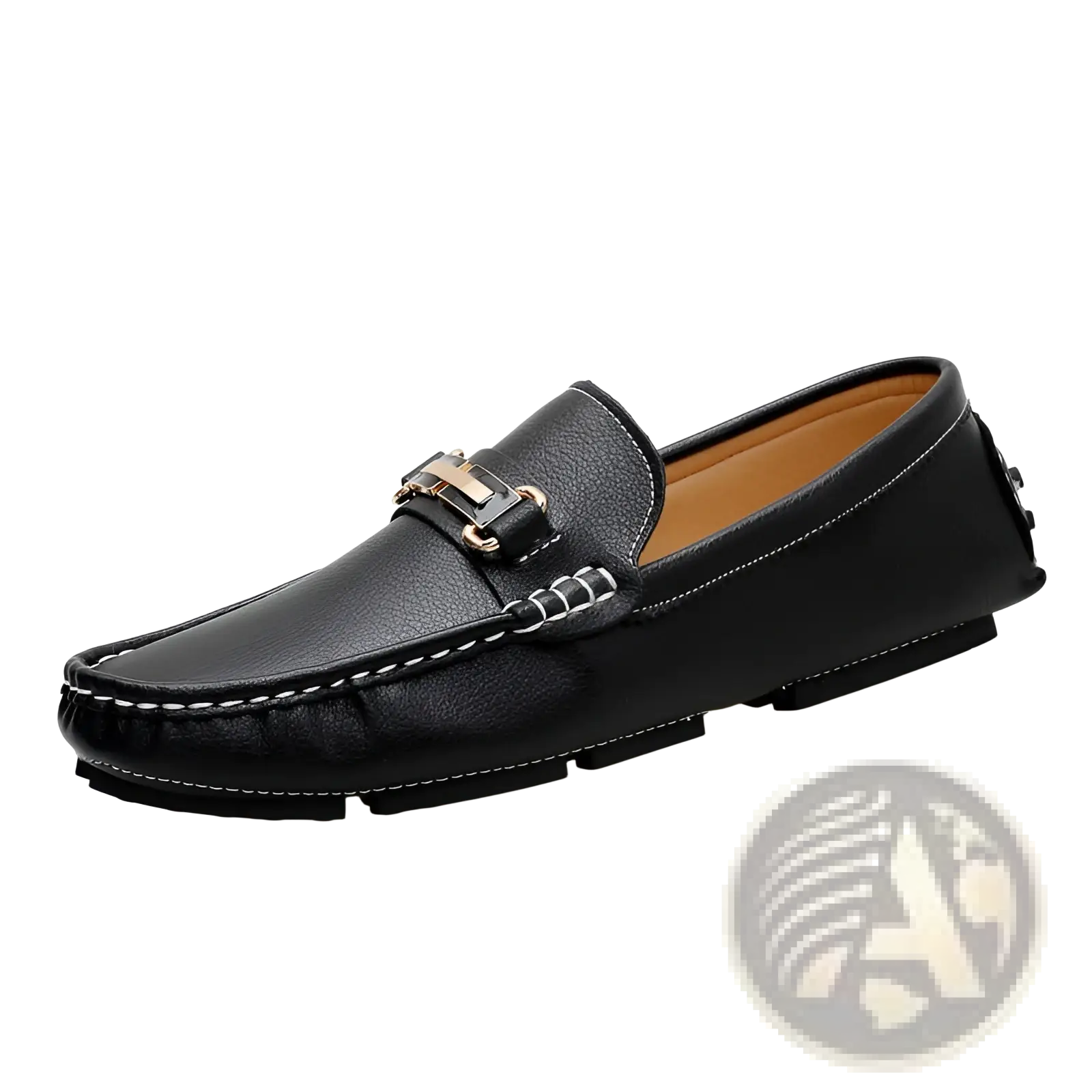 Men’s black leather horsebit loafers with metallic buckle white stitching and plush winter lining