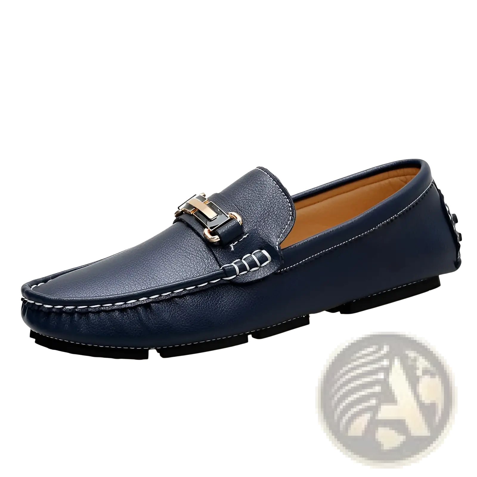 Navy blue leather men’s horsebit loafers with gold tone buckle white stitching and plush winter lining