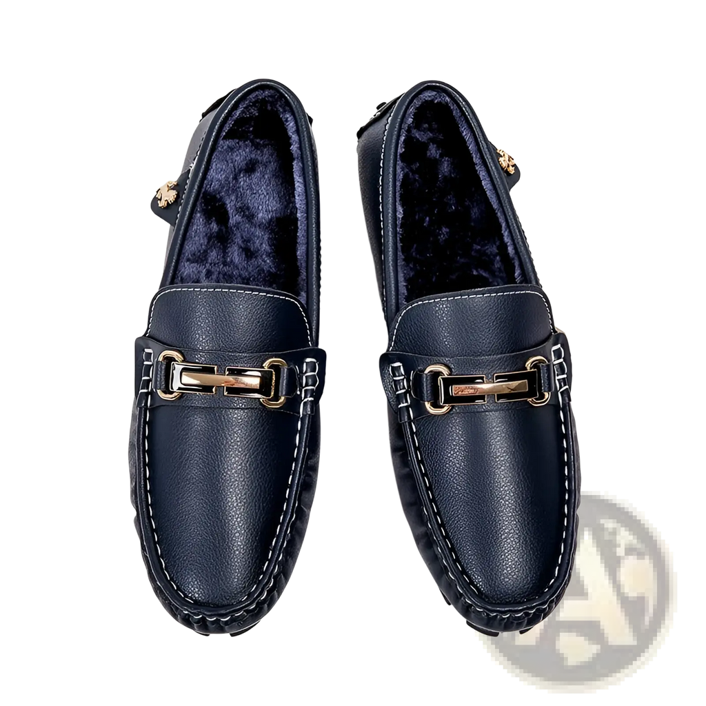 Men’s black leather horsebit loafers with gold-tone buckles and plush navy winter lining for cold weather