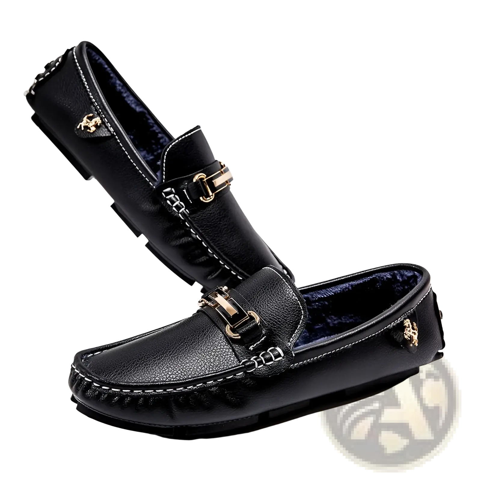 Men’s horsebit leather loafers in black with gold tone buckle accents and plush navy winter lining