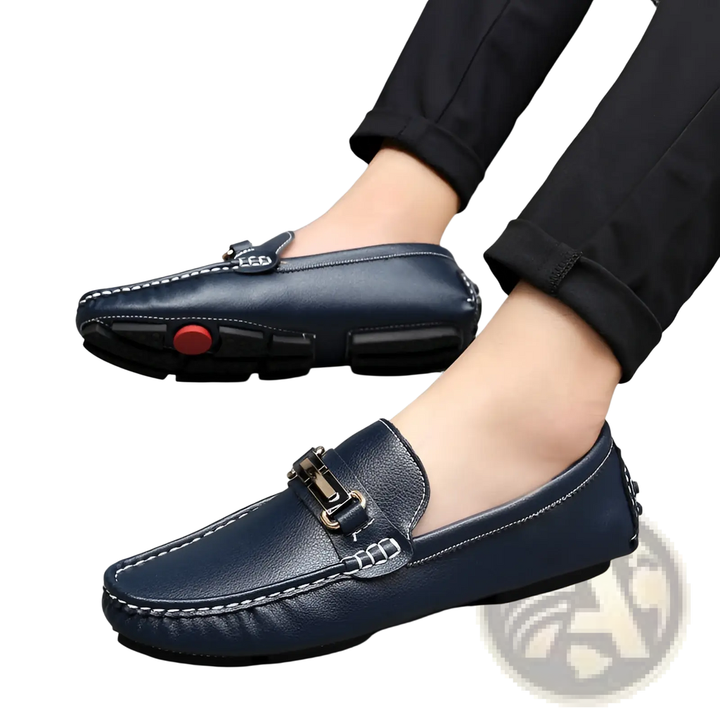 Navy blue leather men’s horsebit loafers with metallic buckle white stitching and plush winter lining