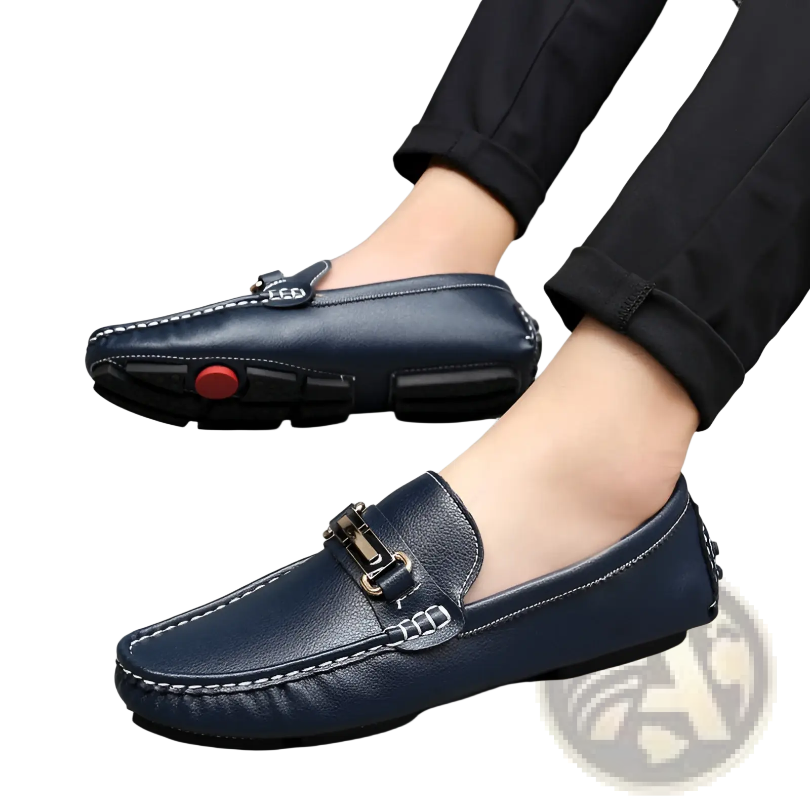 Navy blue leather men’s horsebit loafers with metallic buckle white stitching and plush winter lining