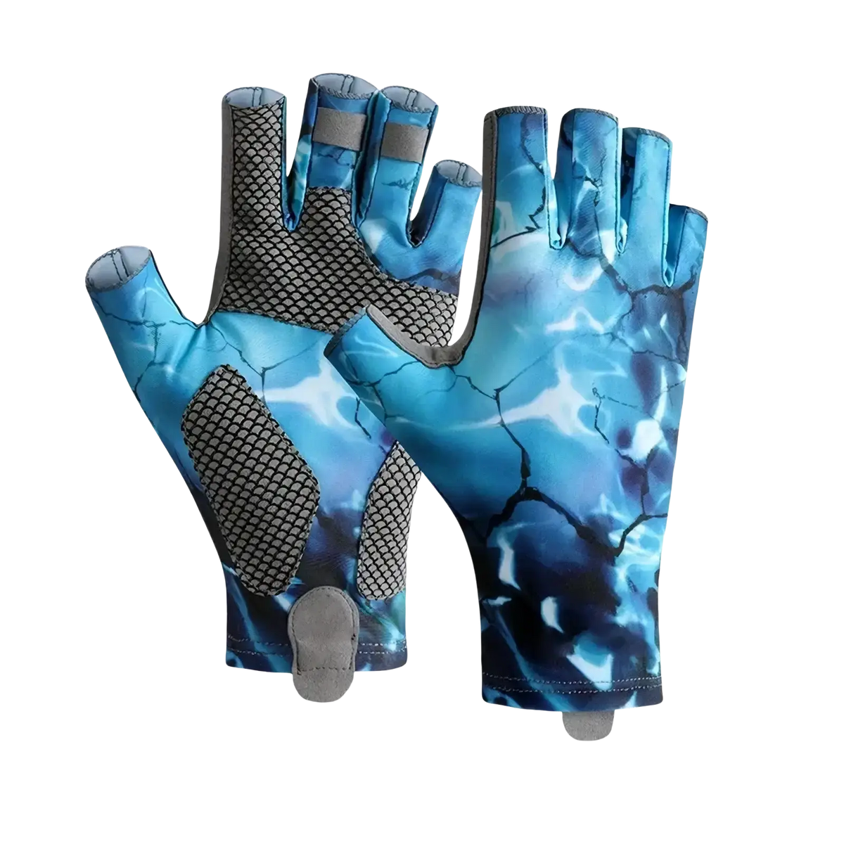 Men’s ice silk half finger fishing gloves in blue and black cracked water pattern with mesh panels back view