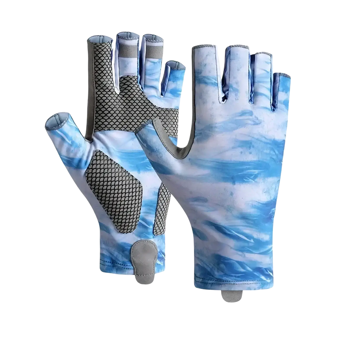 Men’s ice silk half finger fishing gloves in blue and white watercolor pattern with black mesh panels on back of hands