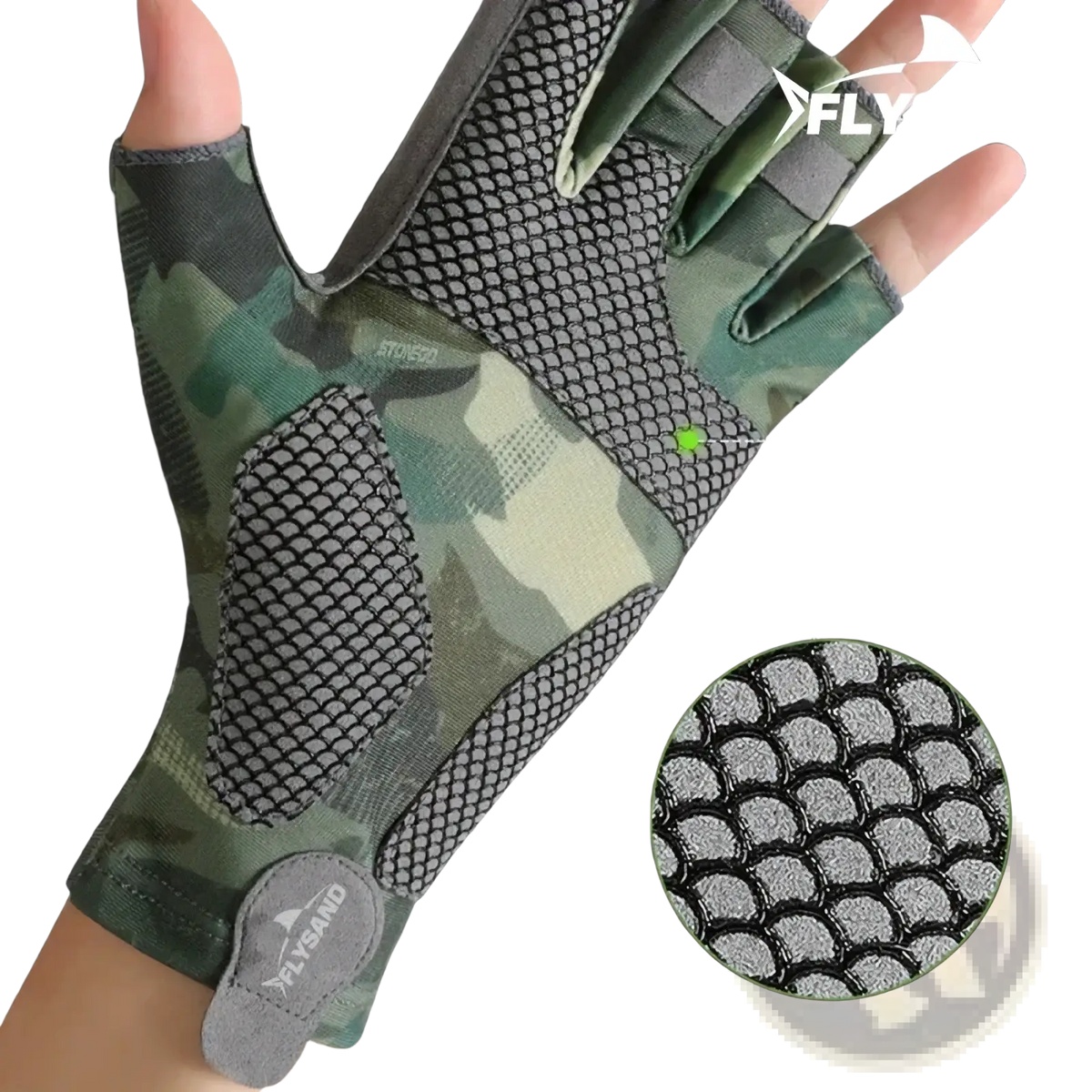 Men’s ice silk half finger fishing glove in camouflage with black mesh panels and gray wrist strap back view