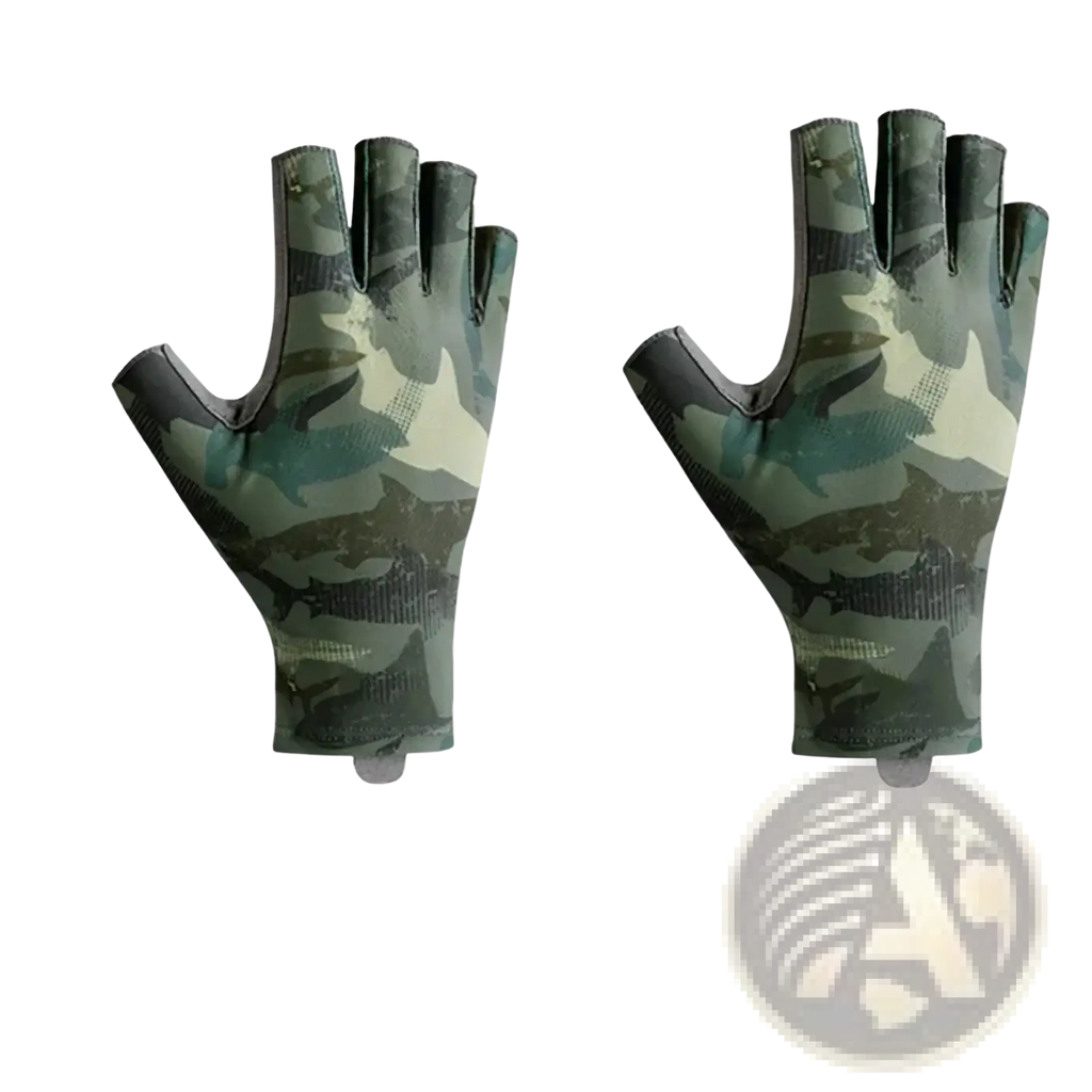 Men’s camouflage ice silk half finger fishing gloves by flysand with shark design shown from the back side