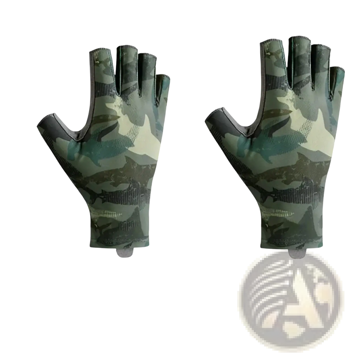 Men’s camouflage ice silk half finger fishing gloves by flysand with shark design shown from the back side