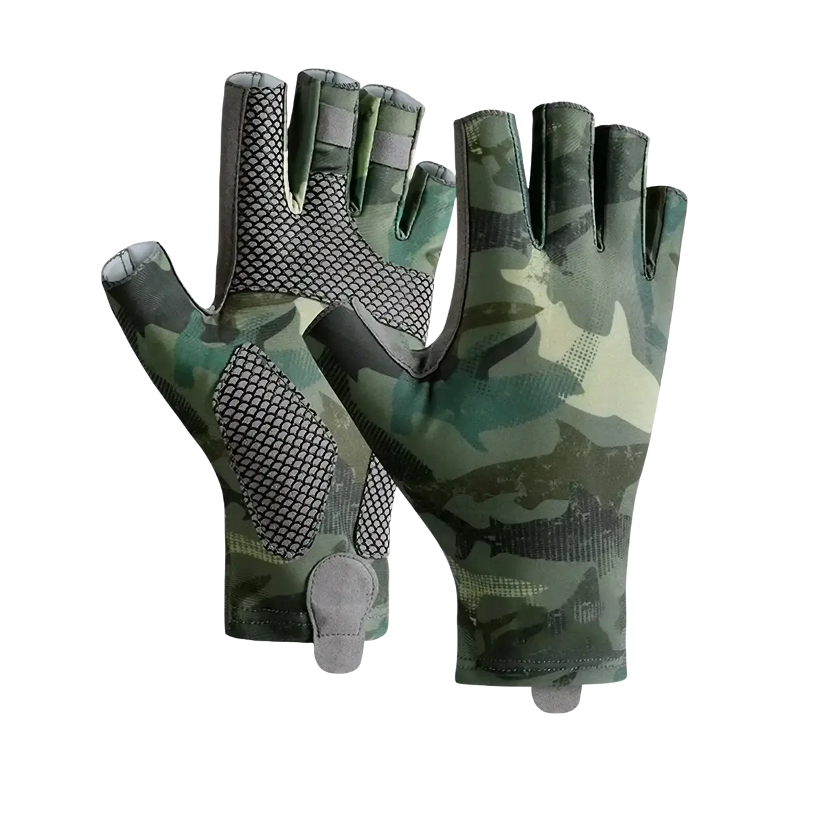 Men’s ice silk half finger fishing gloves in camouflage with gray accents and mesh panels showing the back side