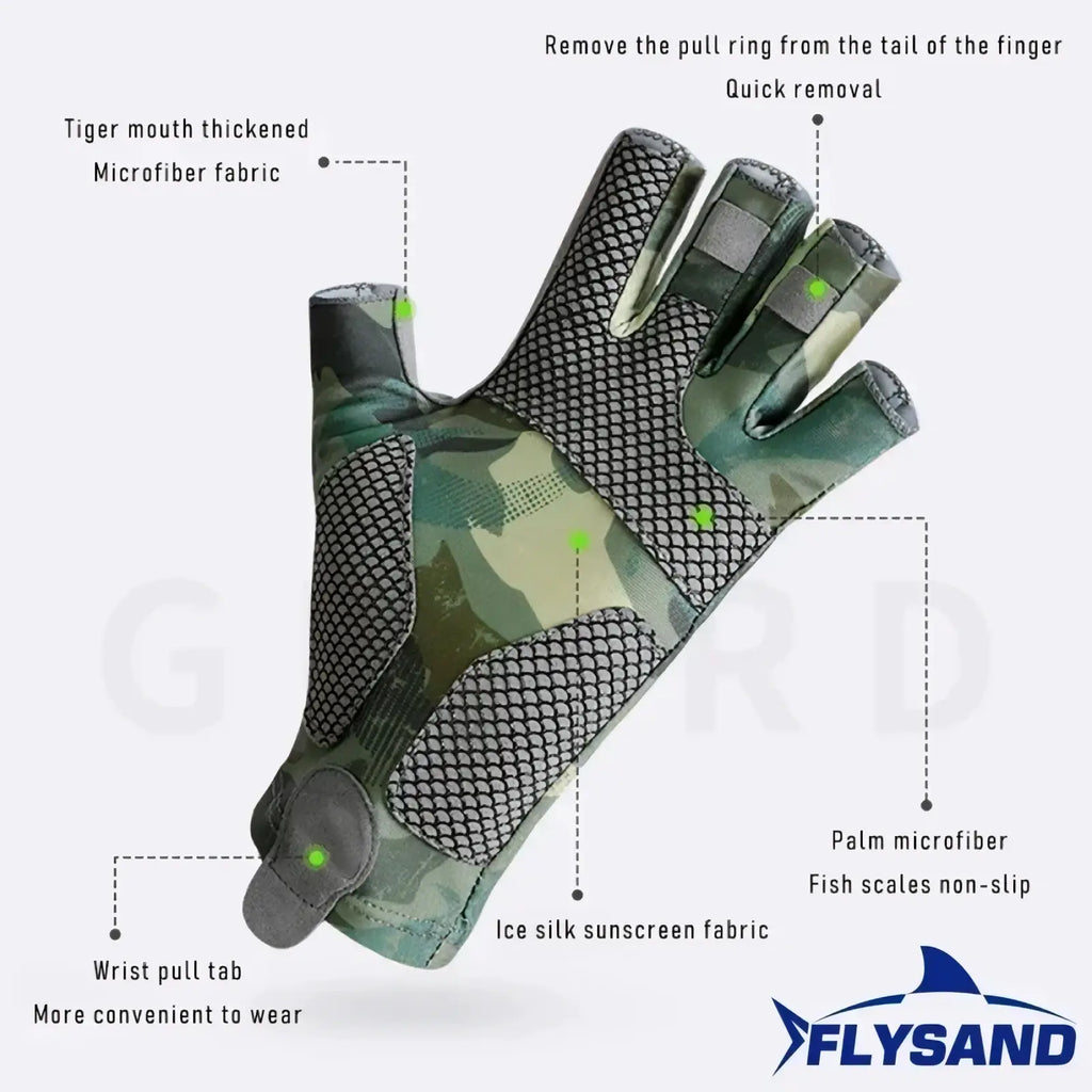 Men’s ice silk half finger fishing glove in camouflage with mesh microfiber fabric and wrist pull tab shown from back side