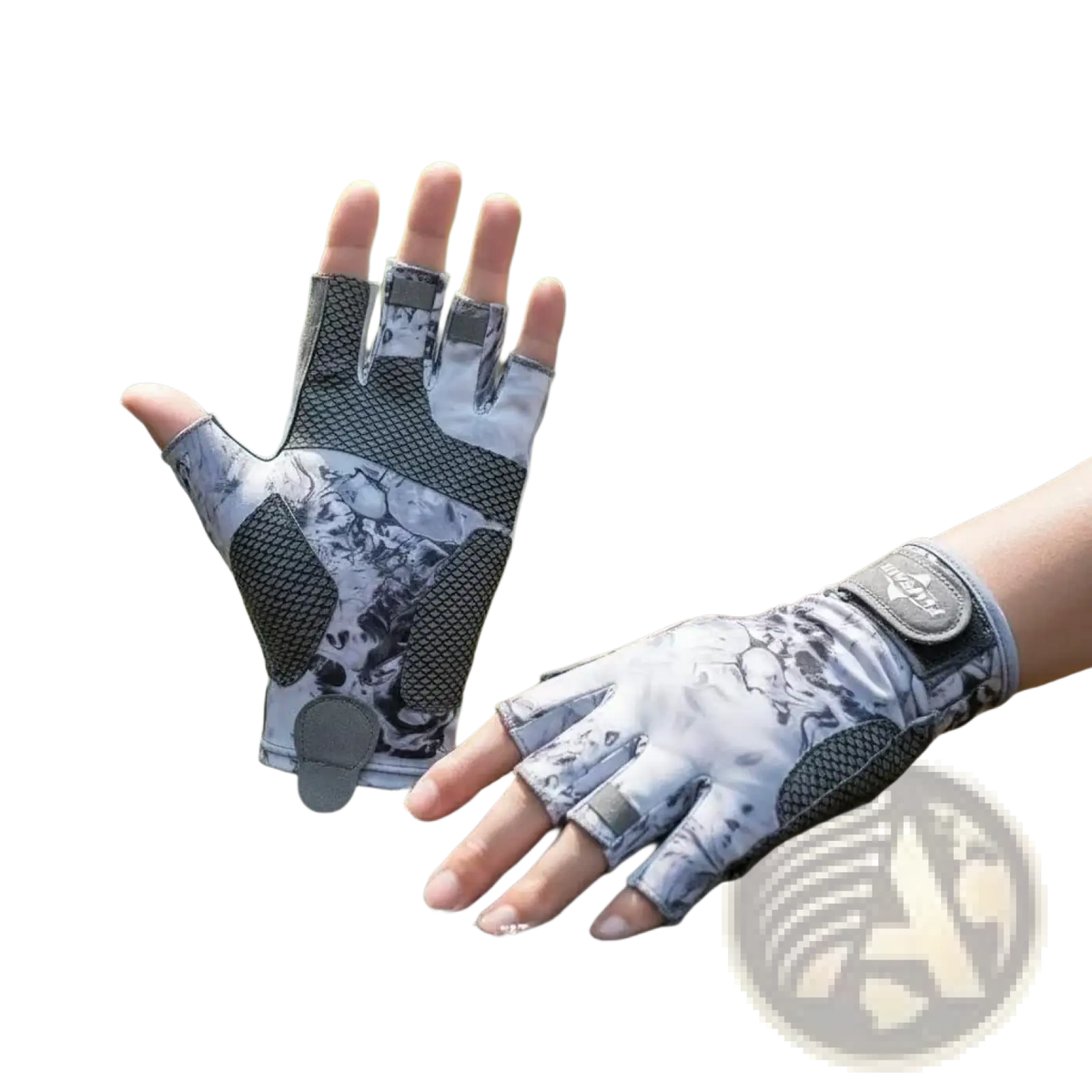 Men’s ice silk half finger fishing gloves in gray and white camouflage with breathable mesh panels by flysand