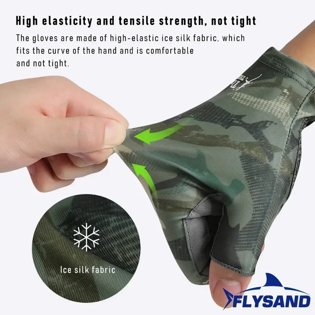Green camouflage-patterned men’s ice silk half finger fishing glove made of high-elastic breathable fabric showing back side