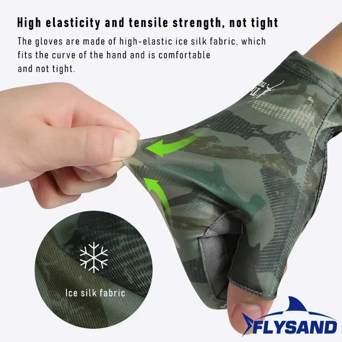 Green camouflage-patterned men’s ice silk half finger fishing glove made of high-elastic breathable fabric showing back side