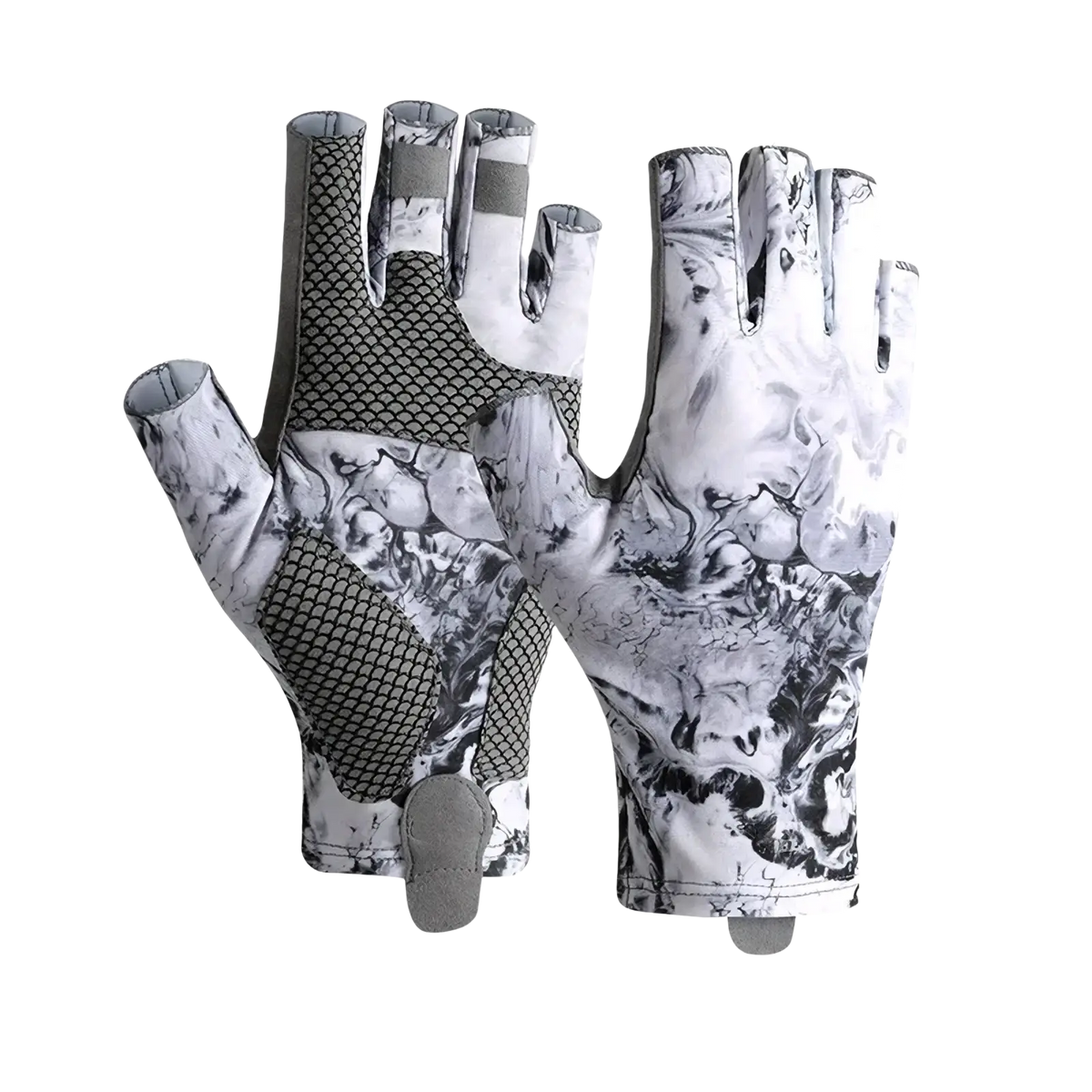Men’s ice silk half finger fishing gloves in white flysand with black and white marbled pattern and mesh ventilation panels