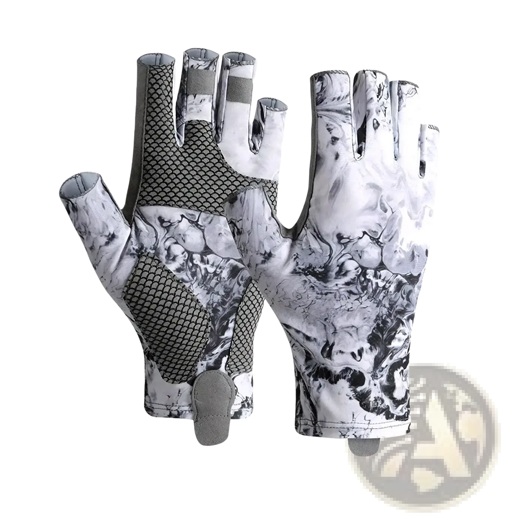 Men’s ice silk half finger fishing gloves in white flysand with black and white marbled pattern and mesh ventilation panels