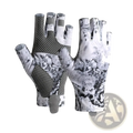 Men’s ice silk half finger fishing gloves in white flysand with black and white marbled pattern and mesh ventilation panels