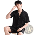 Men’s black short-sleeved ice silk pajama set with subtle checkered pattern lightweight summer sleepwear
