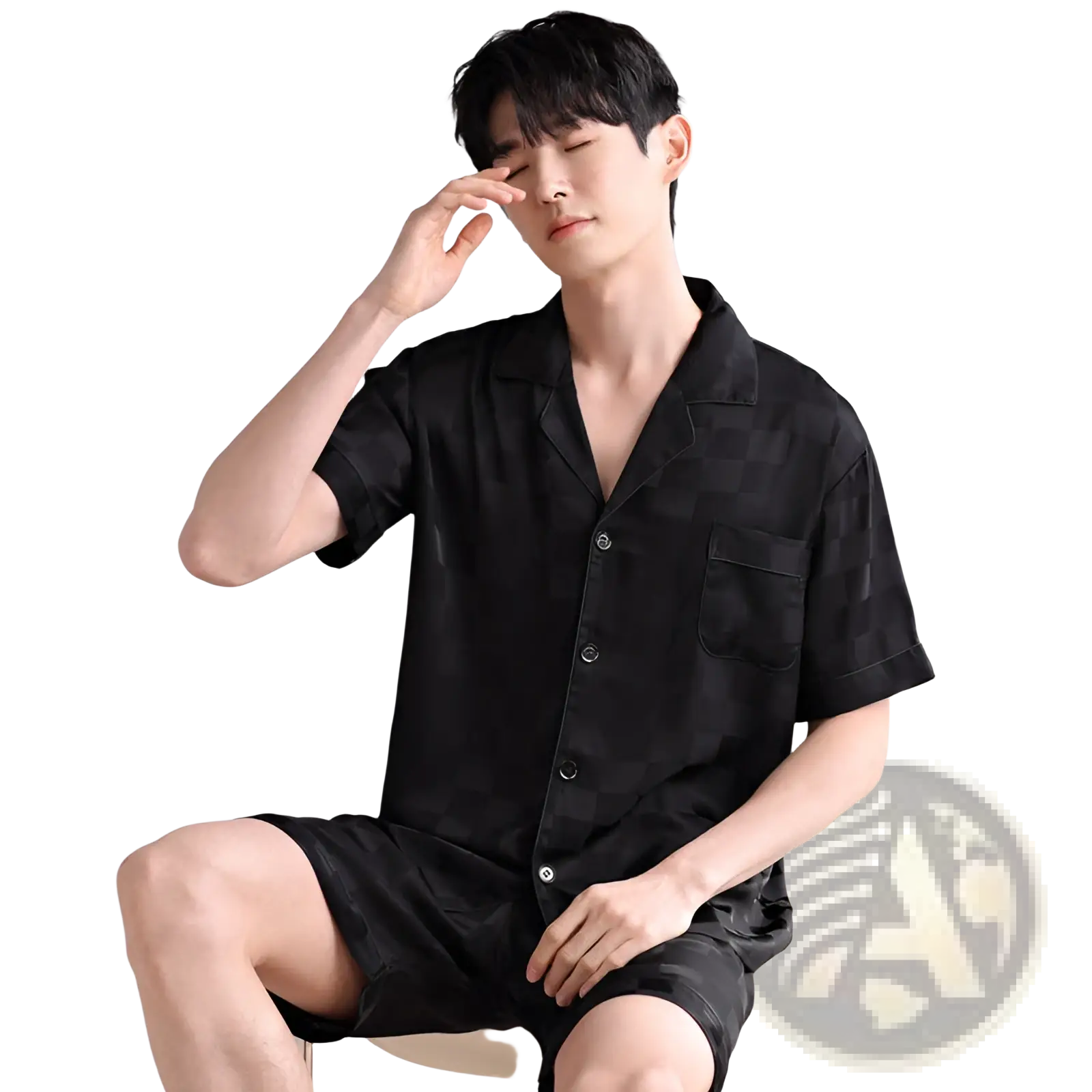 Men’s black short-sleeved ice silk pajama set with subtle checkered pattern lightweight summer sleepwear