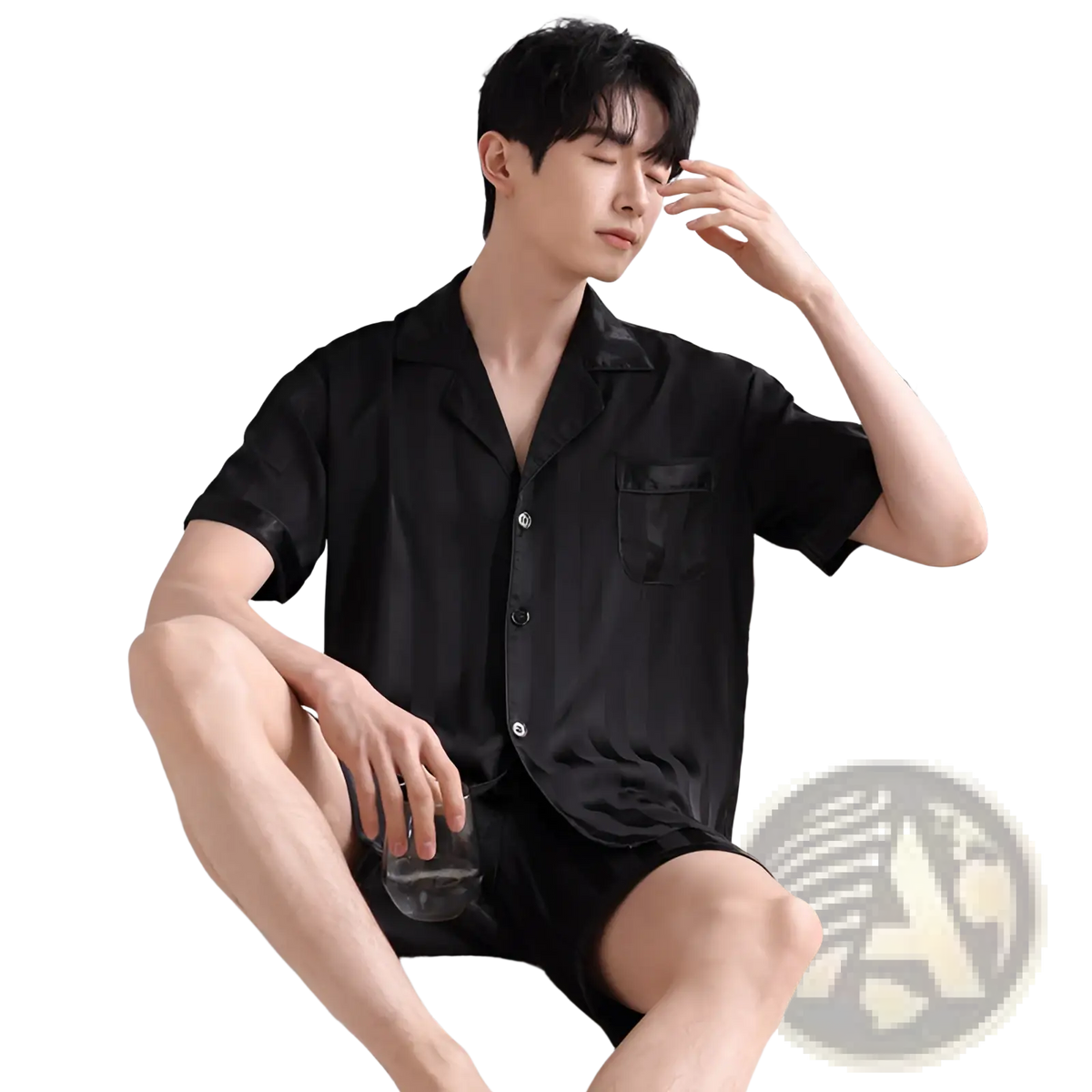 Black short-sleeved men’s ice silk satin pajama set with button front and chest pocket for lightweight summer sleepwear