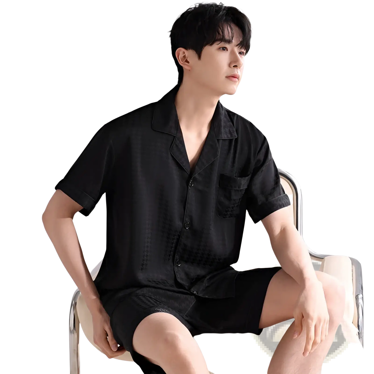 Men’s black ice silk short-sleeved pajama set with subtle textured pattern and button front for lightweight summer sleepwear