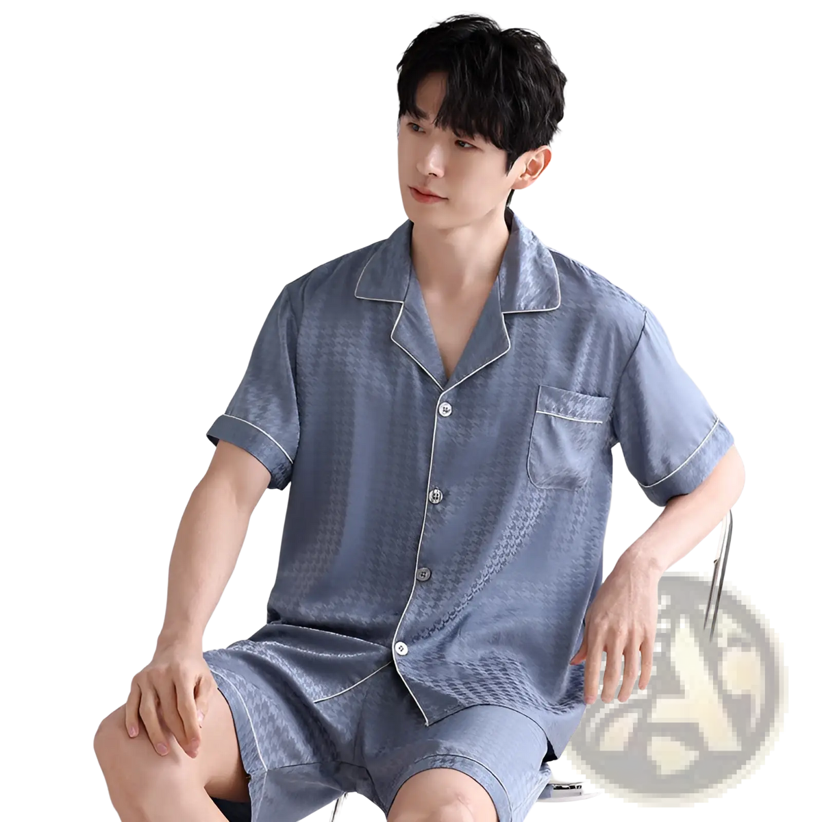 Men’s lightweight blue ice silk pajama set with short sleeves, subtle geometric pattern, and white piping accents