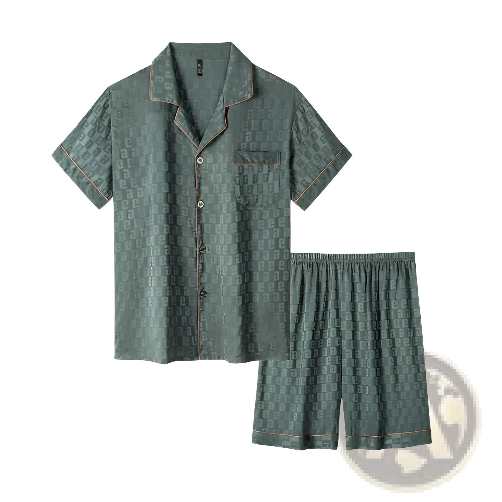 Men’s dark green ice silk short-sleeved pajama set with subtle pattern and light brown trim lightweight summer sleepwear