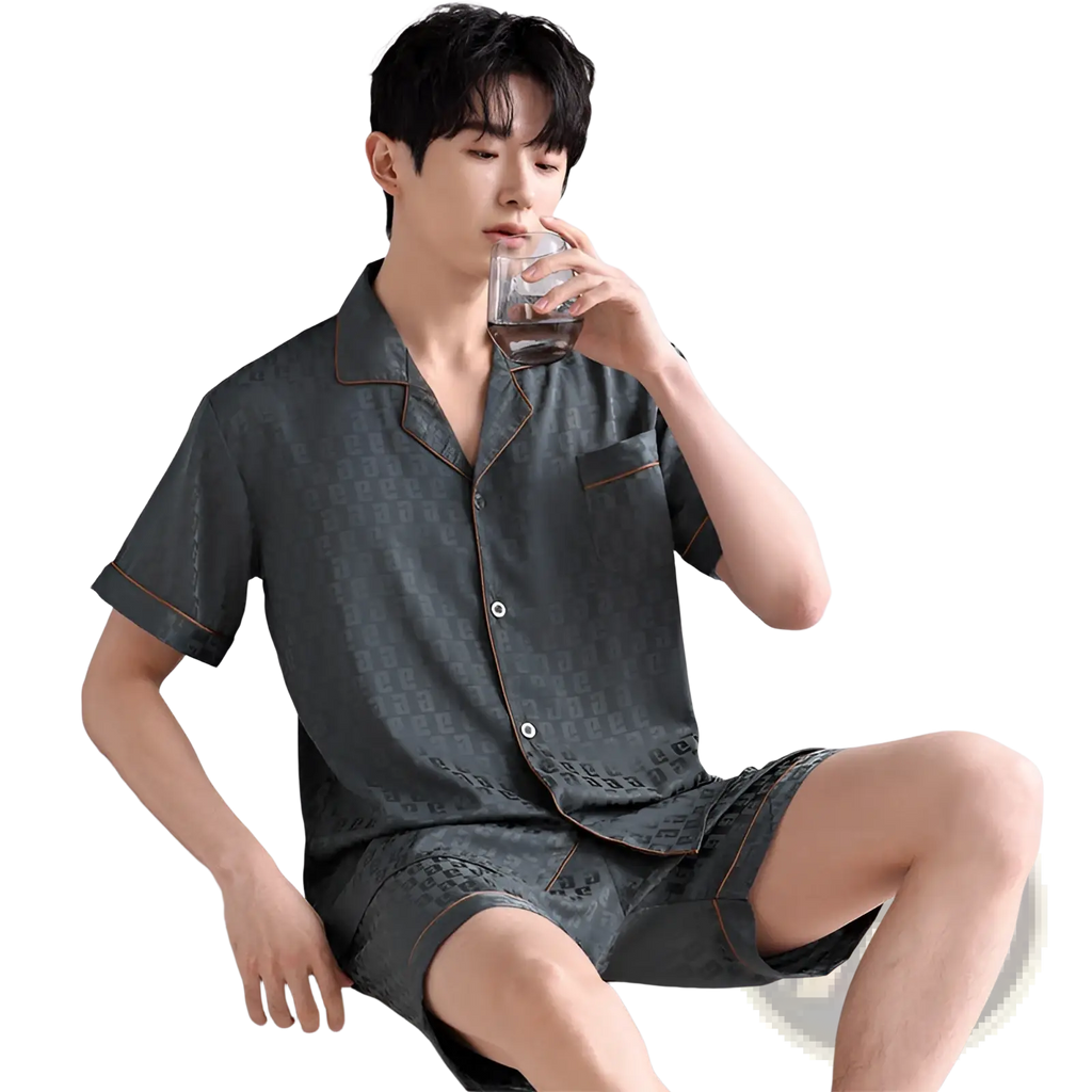 Men’s ice silk pajama set dark gray with subtle pattern and orange piping lightweight summer sleepwear short sleeves