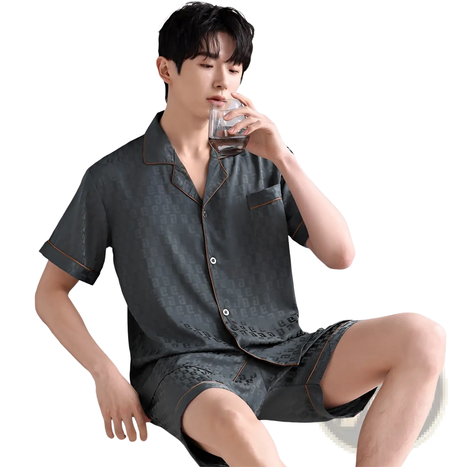 Men’s ice silk pajama set dark gray with subtle pattern and orange piping lightweight summer sleepwear short sleeves