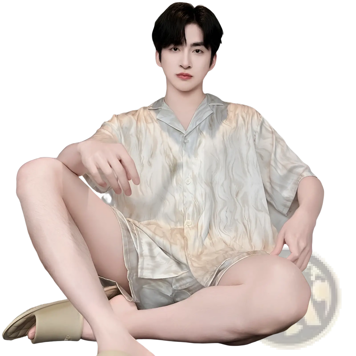 Cream-colored men’s ice silk pajama set with subtle wavy pattern lightweight satin summer sleepwear