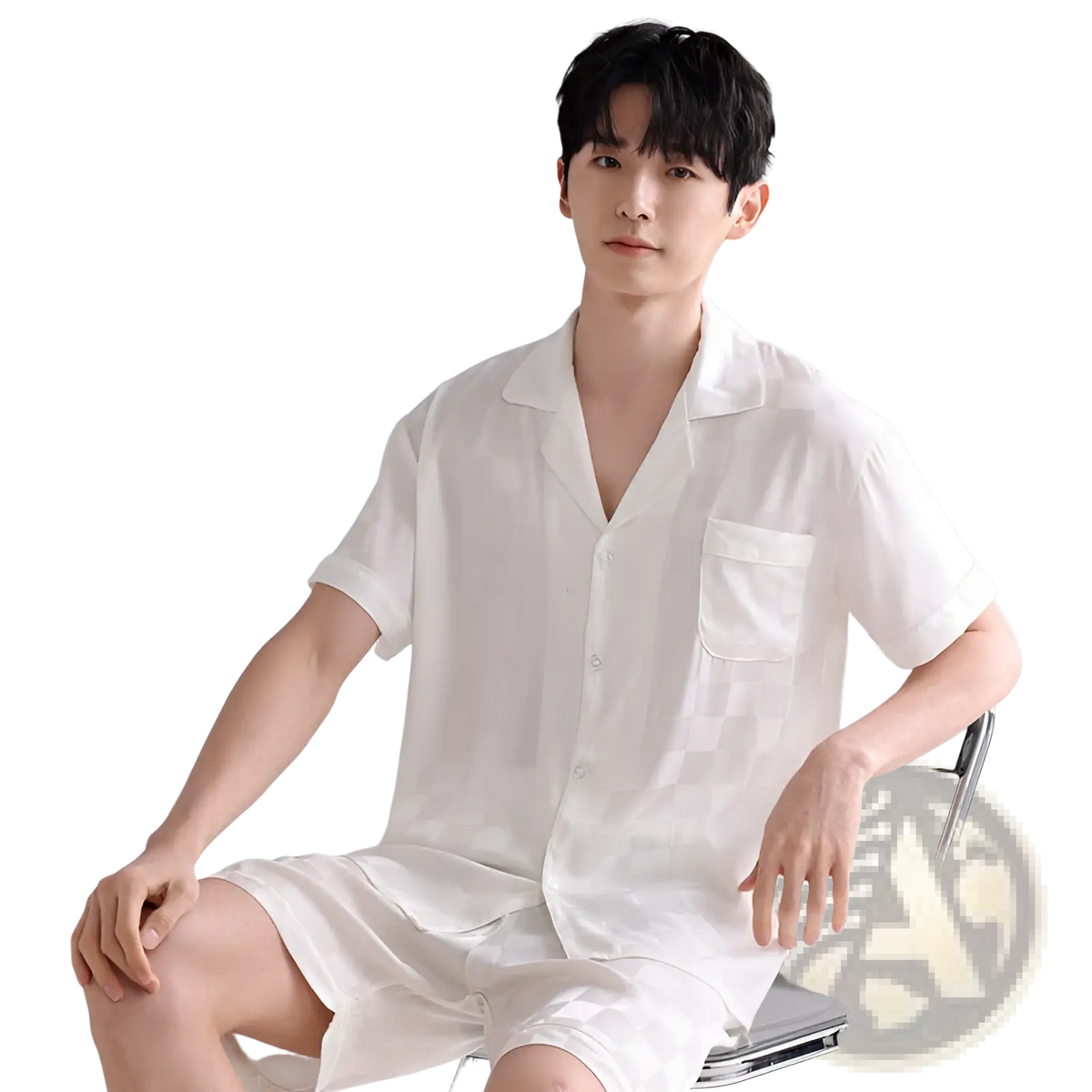 Men’s white short-sleeved button-up ice silk pajama set with collar and chest pocket lightweight summer sleepwear