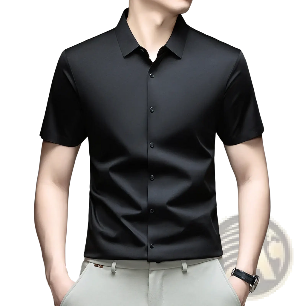 Mens ice silk short sleeve button down shirt in black with crisp collar subtle sheen and mcmfz logo on upper left chest