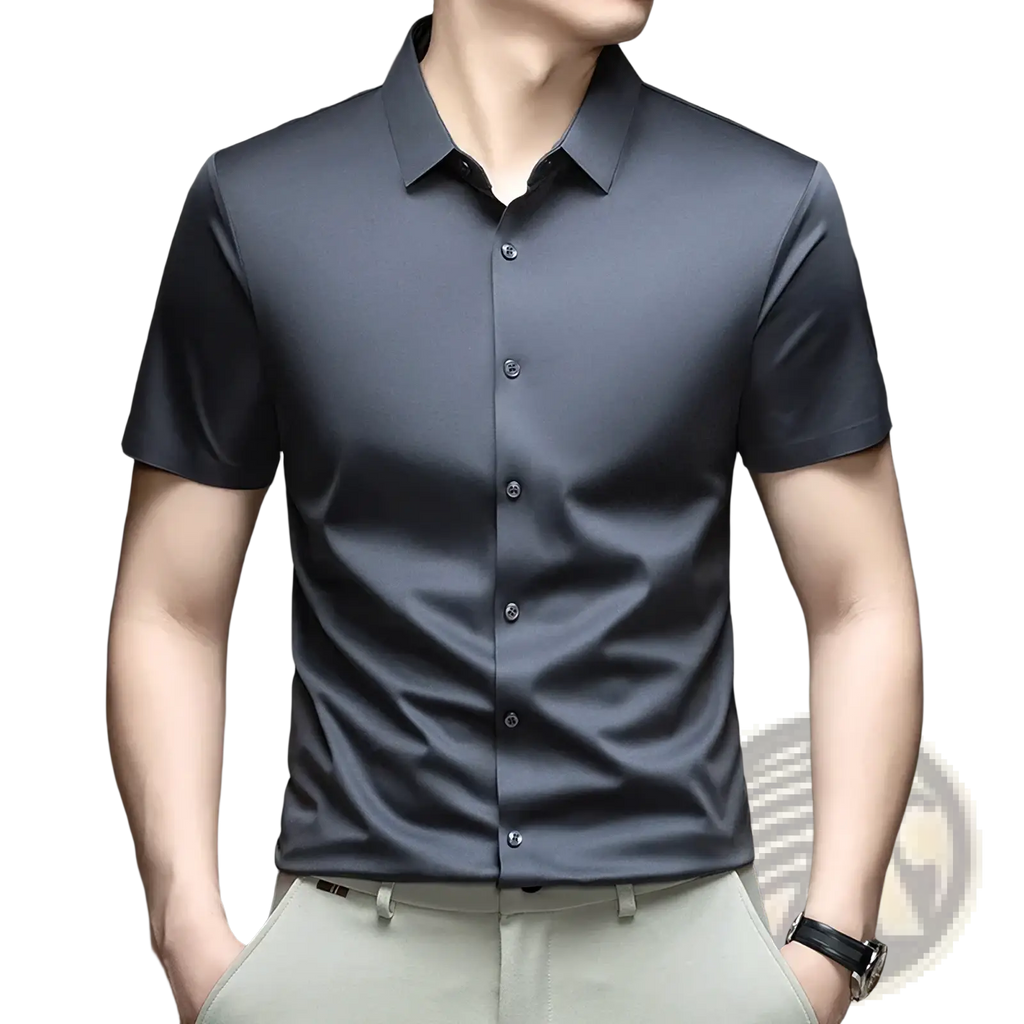 Mens ice silk short sleeve button down shirt in dark gray with a sleek modern design and button closure