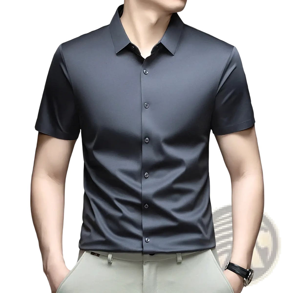 Mens ice silk short sleeve button down shirt in dark gray with a sleek modern design and button closure