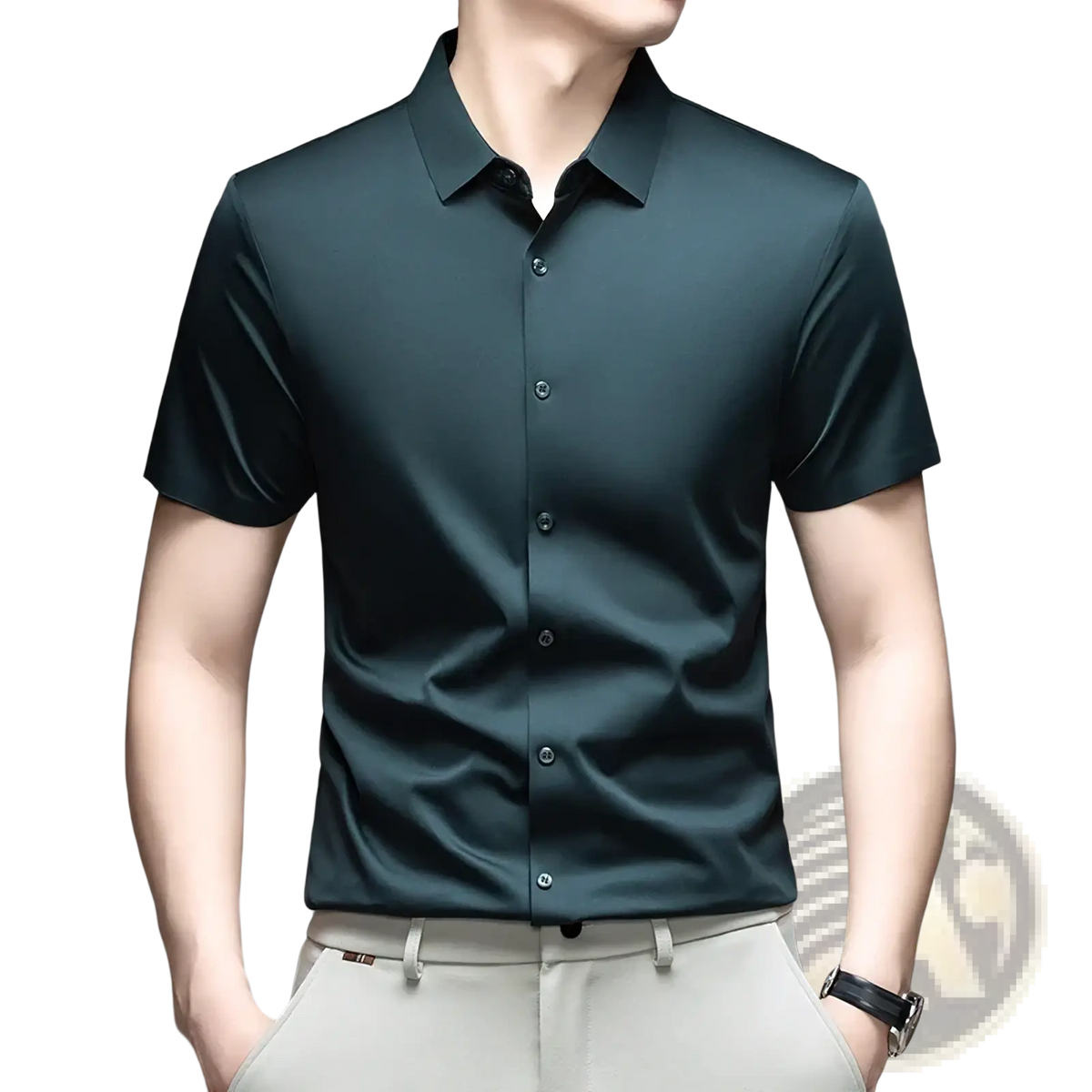 Dark teal mens ice silk short sleeve button down shirt with sleek satin finish and matching dark buttons