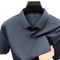 Mens ice silk short sleeve button down shirt in dark gray with a crisp collar and black buttons