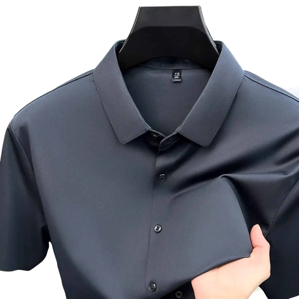 Mens ice silk short sleeve button down shirt in dark gray with a crisp collar and black buttons