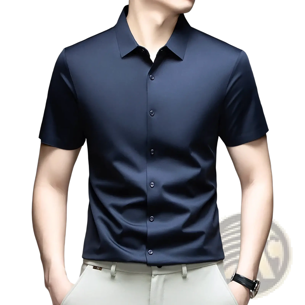 Navy blue mens ice silk short sleeve button down shirt with sleek modern design and subtle sheen