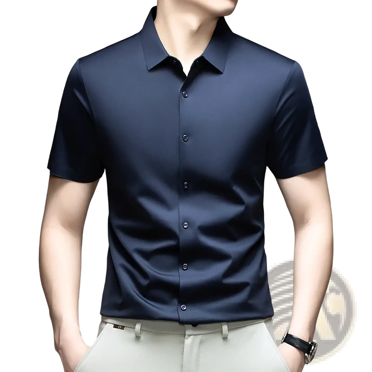 Navy blue mens ice silk short sleeve button down shirt with sleek modern design and subtle sheen