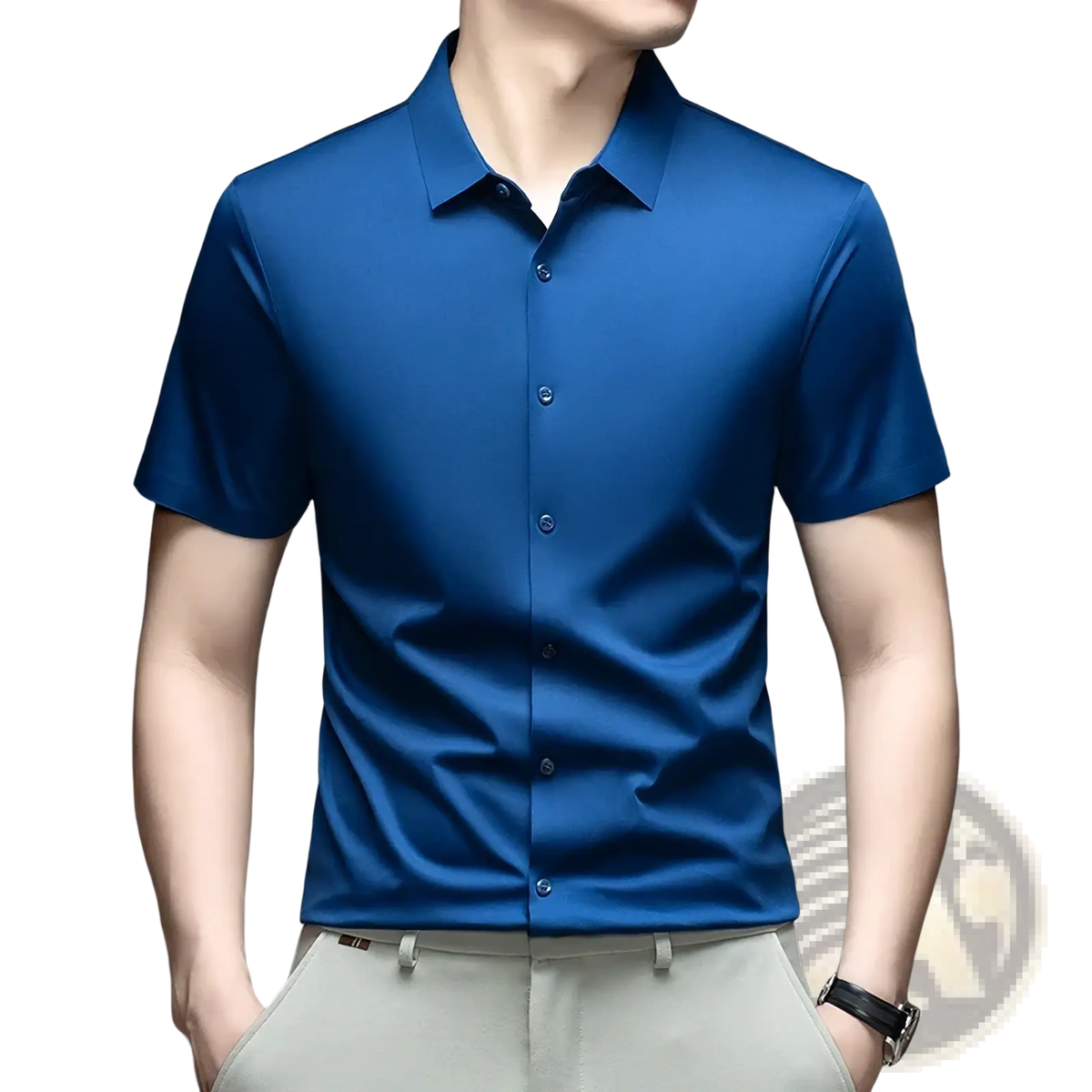 Mens ice silk short sleeve button down shirt in sleek royal blue with a crisp collar and smooth glossy fabric