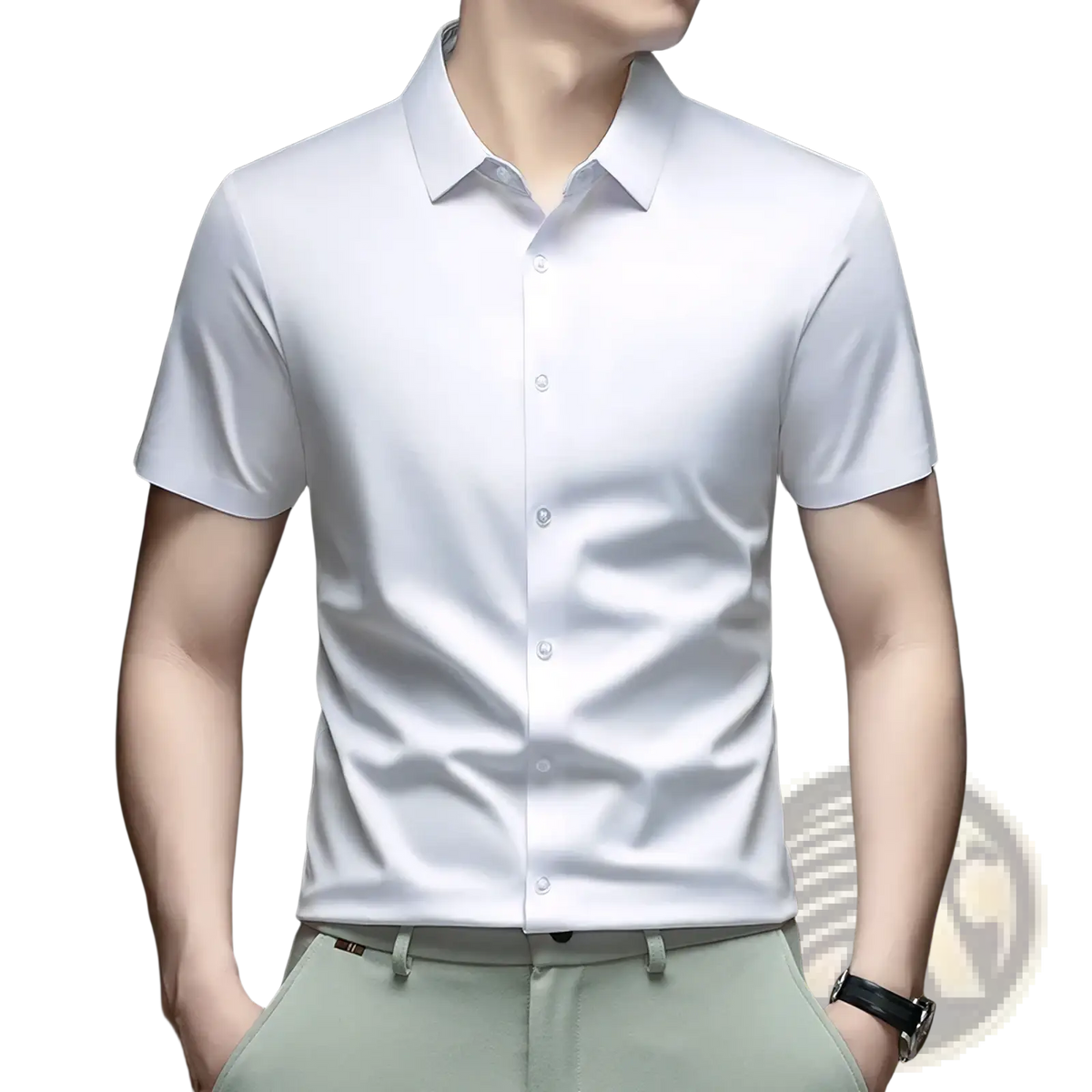 Mens ice silk white short sleeve button down shirt with crisp collar and mcmfz logo on upper left chest