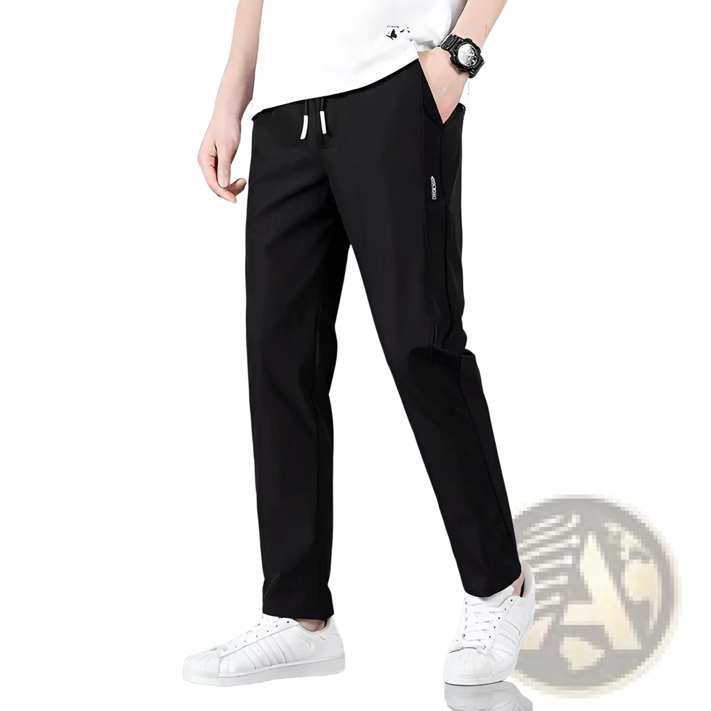 Men’s ice silk black tapered jogger pants with white drawstring and subtle side stripe detailing for athletic use