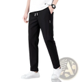 Men’s ice silk black tapered jogger pants with white drawstring and subtle side stripe detailing for athletic use