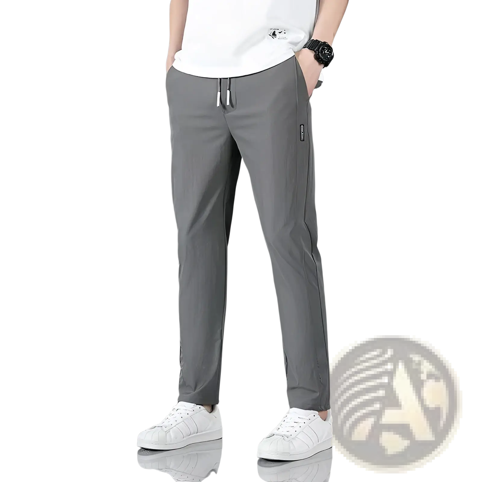 Men’s gray ice silk straight leg athletic jogger pants with drawstring waist and subtle side pockets